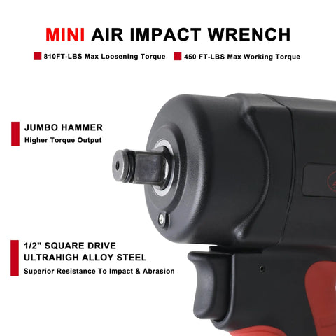 Beefy Half Inch Composite Mini Air Impact Wrench with 8500 RPM and 810 Ft-Lbs Breakaway Torque, jumbo hammer, close-up view