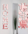 Rose Gold Home Wall Mirror Decal 30 Piece Set With HOME Letters And Round Acrylic Stickers in living room decor