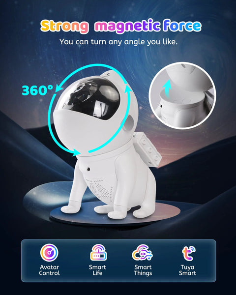 360-degree adjustable Lit Cosmic Night Sky Projector with astronaut design, shown with magnetic base, for kids and adults.