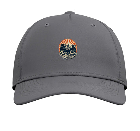 Cool Machinist CNC Vise Square Hat For Guys, Adjustable Slate Grey Baseball Cap with printed tool design front view.