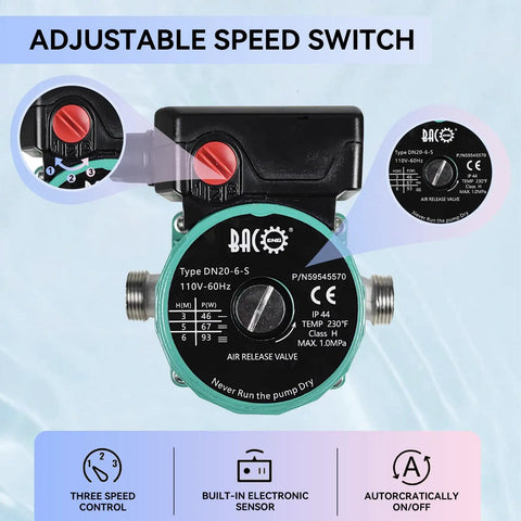 Hot Water Recirculating Pump Three Quarters Inch NPT 110V Auto Circulator with adjustable speed switch and stainless steel head
