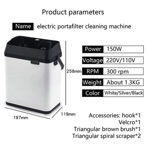 Electric Portafilter Cleaner 150W with specifications, dimensions, and accessories for daily cleanup to keep bar station spotless.