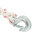 Heavy Duty Rope Puller Three Quarter Ton Capacity With One Hundred Foot One Half Inch Rope Aluminum Ratchet Wheel Workhorse Electro Plated Steel Components Notch At A Time Letdown Made In USA Works With Any Length Rope close-up of metal hook.