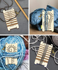 Wooden Yarn Wrap Guide Board With Clasp WPI Gauge for Spinners next to yarn and crochet projects.