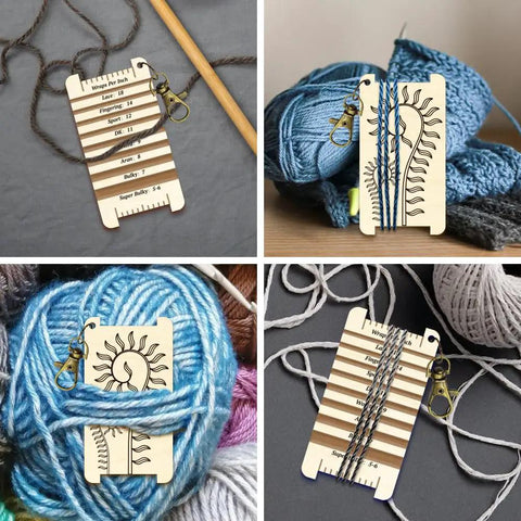 Wooden Yarn Wrap Guide Board With Clasp WPI Gauge for Spinners next to yarn and crochet projects.