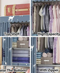 Hella Roomy Portable Canvas Wardrobe With Reinforced Steel Tubing And Full Hanging Rail, showcasing top shelf and hanging clothes.