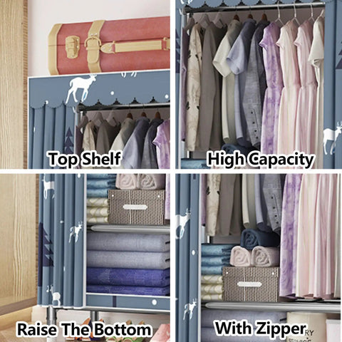 Hella Roomy Portable Canvas Wardrobe With Reinforced Steel Tubing And Full Hanging Rail, showcasing top shelf and hanging clothes.