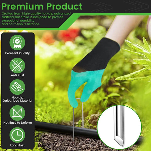 Close-up of a person installing 200 Pack 6 Inch U Shaped Landscape Staples With Hook 11 Gauge Heavy Duty Galvanized Garden Stakes