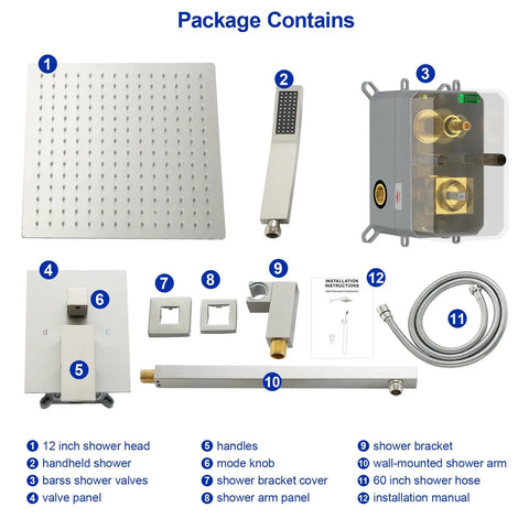 Dcolora 10 Inch Rain Shower System with Handheld Shower package includes 12 inch shower head and handheld shower components.