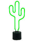 Green Neon Cactus Desk Light That Is Lit For Any Room with black base, glowing green neon LED in cactus shape, 16.5 inches tall.