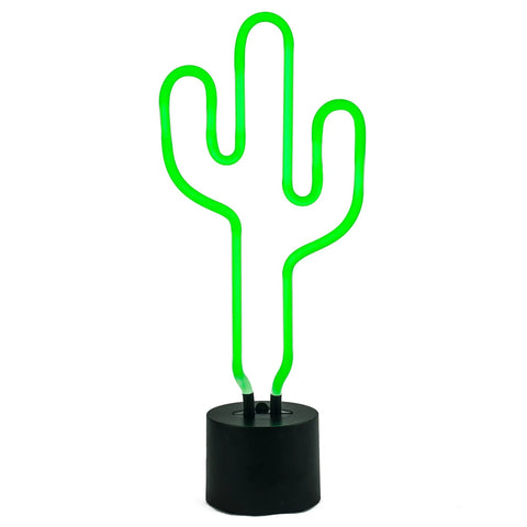 Green Neon Cactus Desk Light That Is Lit For Any Room with black base, glowing green neon LED in cactus shape, 16.5 inches tall.