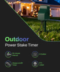Outdoor Power Stake Timer With Six Grounded Outlets, 24-Hour Mechanical Timer in lawn with Christmas lights backdrop