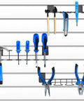 Six Pack Slatwall Screwdriver And Plier Holders Set Stainless Steel Slat Wall Tool Hooks organizing tools on slatwall panel
