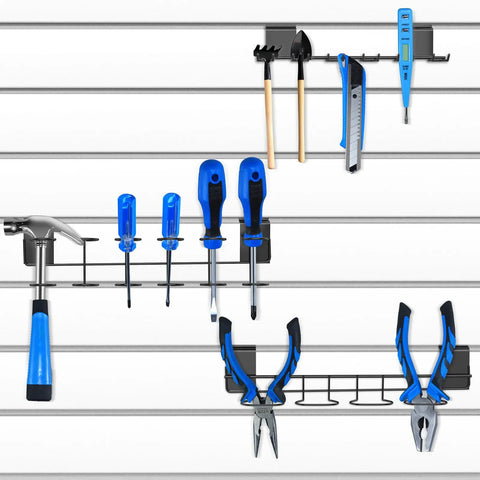 Six Pack Slatwall Screwdriver And Plier Holders Set Stainless Steel Slat Wall Tool Hooks organizing tools on slatwall panel