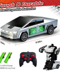 Cybertruck RC Toy Car For Kids 2 In 1 Vehicle With 2.4GHz Remote Lights Dual Batteries 360 Degree Rotation And Drift Easy One Button Switch Between Truck And Robot Kid Friendly Totally Ready Remote Control Car displaying dimensions and accessories.
