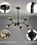 6 Light Rustic Vintage Chandelier With Glass Globes Black Mid Century Pendant Lighting showing construction details and features.