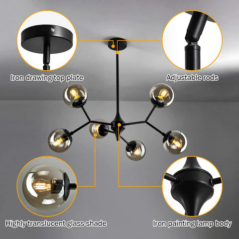 6 Light Rustic Vintage Chandelier With Glass Globes Black Mid Century Pendant Lighting showing construction details and features.