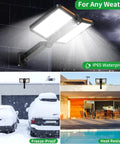 Outdoor Solar Flood Light With 218 LEDs Dual Solar Panels Motion Sensor Five Lighting Modes Waterproof High Brightness Security Lighting For Backyard Shed Driveway Black installed on house walls in various weather conditions.