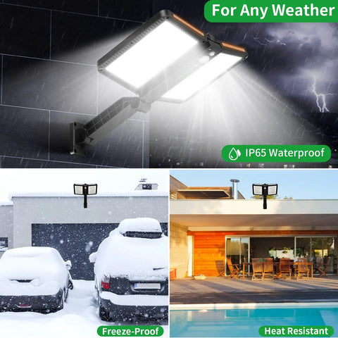 Outdoor Solar Flood Light With 218 LEDs Dual Solar Panels Motion Sensor Five Lighting Modes Waterproof High Brightness Security Lighting For Backyard Shed Driveway Black installed on house walls in various weather conditions.
