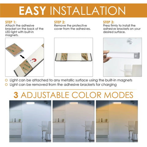 Installation guide for 58 LED Motion Sensor Light Indoor Wireless USB Rechargeable Closet Cabinet Light with magnetic strips.