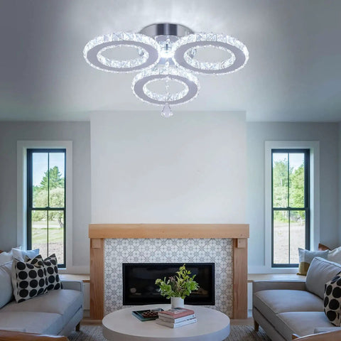 Three Ring Crystal Ceiling Light Chandelier Flush Mount LED Cool White 6000K 13x3.5 Inches Modern Fixture in a living room setting