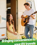 Couple enjoying music by RV using Heavy Duty Magnetic RV Door Holder For Camper And Trailer Keeps Doors Open In A Breeze Easy To Install