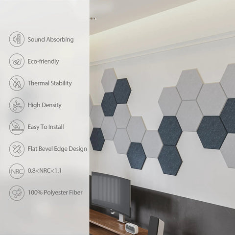 12 Pack Hexagon Acoustic Foam Panels With Heavy Duty Self Adhesive Backing To Muffle Background Noise And Tame Room Echoes Ideal For Keeping Your Home Office Totally Chill on a wall.