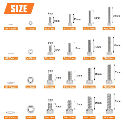 Top Shelf 810 Piece Metric Hardware Assortment Kit With M3 M4 M5 M6 304 Stainless Steel Hex Socket Screws and bolts sizes.
