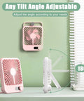 Pink Six Point Eight Inch Portable Personal Desk Fan with adjustable tilt and LED display for office bedroom travel on a desk.