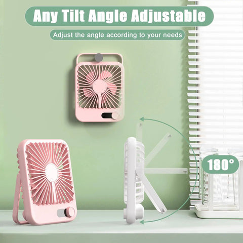 Pink Six Point Eight Inch Portable Personal Desk Fan with adjustable tilt and LED display for office bedroom travel on a desk.