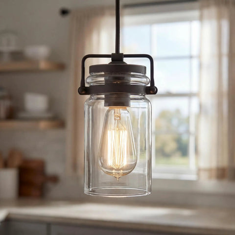 Brinley 7.75 Inch Kitchen Pendant In Olde Bronze With Clear Glass 1 Light Mini Farmhouse Pendant For Over Kitchen Islands Sinks And Dining Tables Industrial Modern Lighting featuring an Edison bulb in a mason jar style glass.
