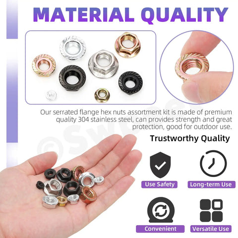 Heavy-Duty 150-Piece Assortment Kit Packed With M3 M4 M5 M6 M8 And M10 Black 304 Stainless Steel Serrated Flange Lock Nuts in hand