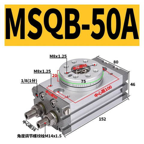 Compact Pneumatic Rotary Actuator Cylinder MSQB50A Series with measurements for industrial automation