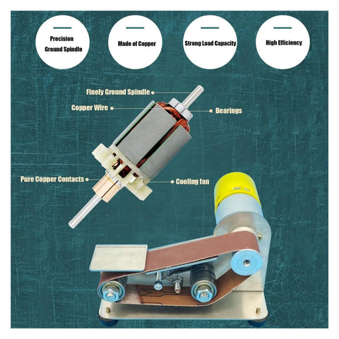 Heavy Duty 7-Speed Reversible Mini Belt Sander With Pure Copper Motor Quiet Operation showing copper motor components and cooling fan.