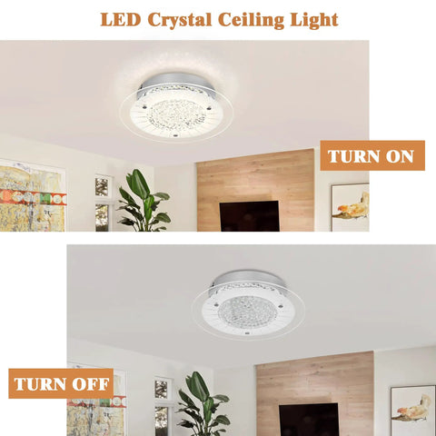 Crystal Ceiling Light Fixture Dimmable LED 11 Inch Flush Mount in room, daylight 4000K, shown turned on and off.