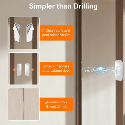 Ultra Thin Magnetic Cabinet Door Catch Kit With Strong Adhesive Magnets For Cabinets And Drawers 6 Pack installation steps.
