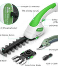 7.2V Cordless Hedge Trimmer And 2 In 1 Handheld Electric Shrub Trimmer With Grass Shears And Pruning Shears, shown with parts labeled.
