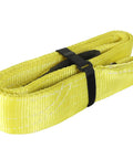 Heavy Duty 3 Inch By 4 Foot Nylon Flat Eye Lifting Sling Strap With Three Hitches In One Two Ply Polyester 9000 Lb Vertical 7300 Lb Choker 18000 Lb Basket Capacity For Engine Hoist Crane And Forklift yellow sling rolled with black strap