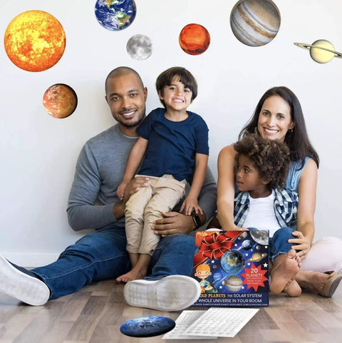 Family enjoying with Glow In The Dark Planets Wall Decals Kit With 195 Plus Pieces For Ceiling Decor And Kids Room Transformation