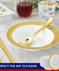 Sturdy Reusable Plastic Bowls With Gleaming Gold Grid Rim, 12 Ounce White Bowls for soups and salads on marble table.