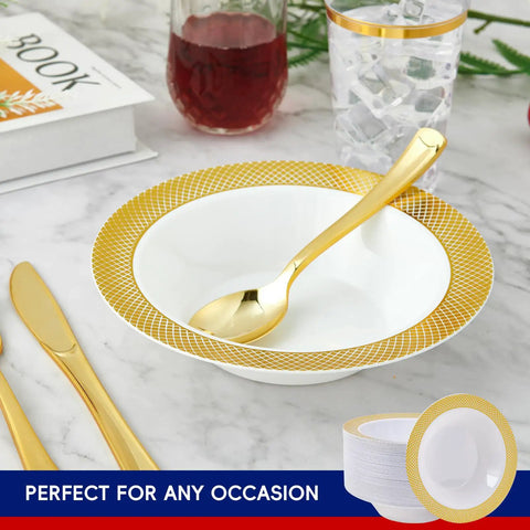 Sturdy Reusable Plastic Bowls With Gleaming Gold Grid Rim, 12 Ounce White Bowls for soups and salads on marble table.