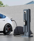 40 Amp Level 2 EV Charger With 240V NEMA 14-50 Plug charging a Tesla Model on the go, showing charger detail and car connection