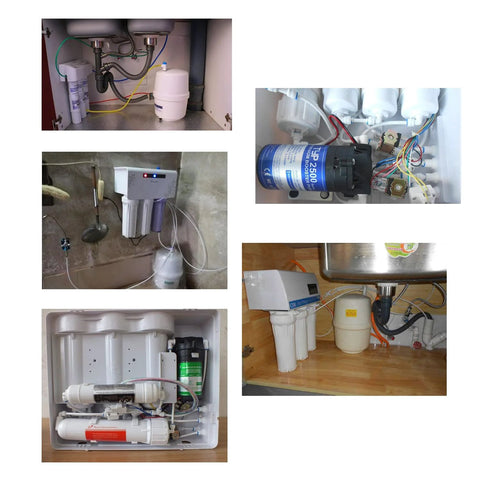 Under-sink reverse osmosis filtration system collage with white filter housings, tubing, and tanks