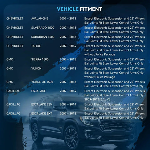 Vehicle fitment chart for 12Pc Front End Suspension Kit For 07 13 Chevy Silverado 1500 Includes Ball Joints Steel Lower Control Arms And Beefed Up Bolt On Replacement For A Smoother Ride.