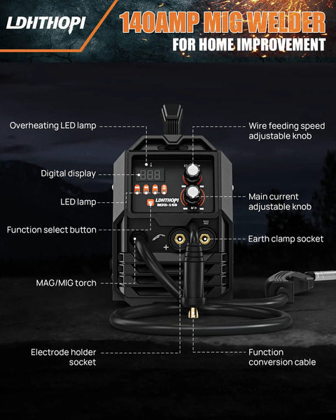Front view of Four In One MIG Welder For Home Shop And Yard Portable 110V with controls and wire feed visible.