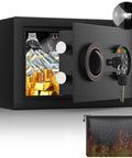 Compact Home Safe With Alarm System, fireproof waterproof bag shown, open safe with cash, jewelry, sensor LED light detail