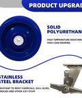 Rugged 6X2 Inch Stainless Steel Casters Featuring Smooth Rolling Solid Blue Polyurethane Wheels And Secure Brake Locks built tough for heavy duty use.