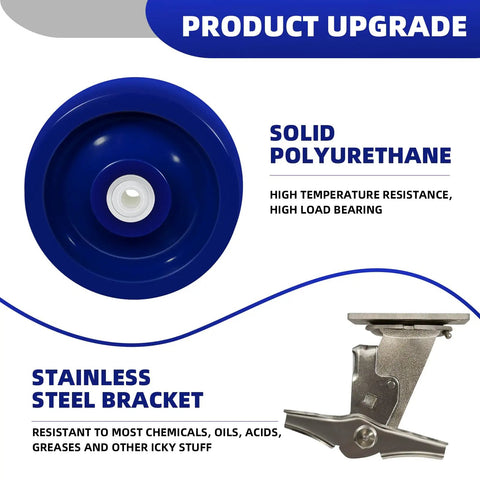 Rugged 6X2 Inch Stainless Steel Casters Featuring Smooth Rolling Solid Blue Polyurethane Wheels And Secure Brake Locks built tough for heavy duty use.