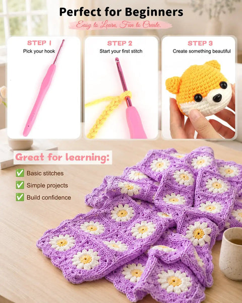 No-Brainer Crochet Starter Kit For Beginners With Ergonomic Hooks And 59-Piece Yarn Bundle showing crochet steps and project example