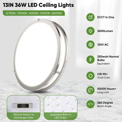 Super Bright 36W LED Ceiling Lights 3600 Lumens Dimmable Flush Mount Fixtures 13 Inch Ceiling Lamps 2 Pack Nickel Finish